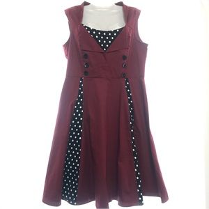 Classic 40s-50s style burgundy red, black, and white polka dot midi dress|Pinup
